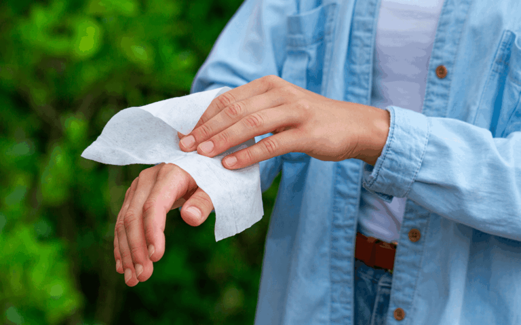 limpando mãos com lenço umedecido